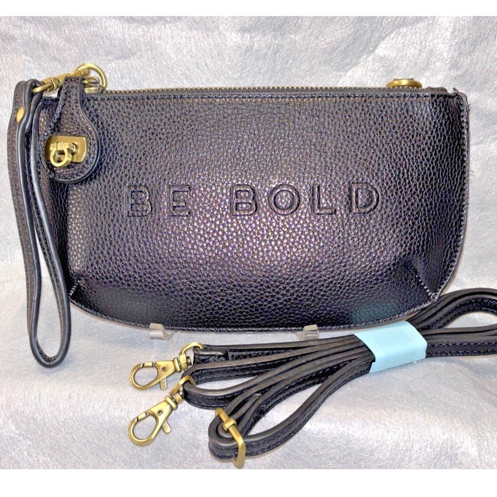 Demdaco BE BOLD Black Vegan Leather Crossbody Wristlet Locking Zip Antique Brass